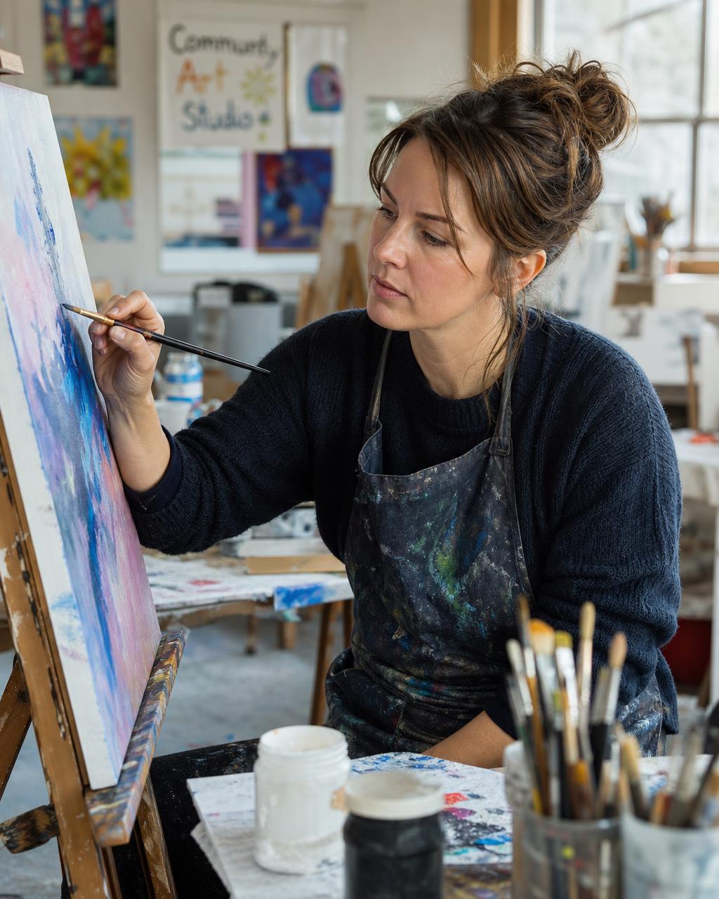An adult painting at an easel in a bright community art studio