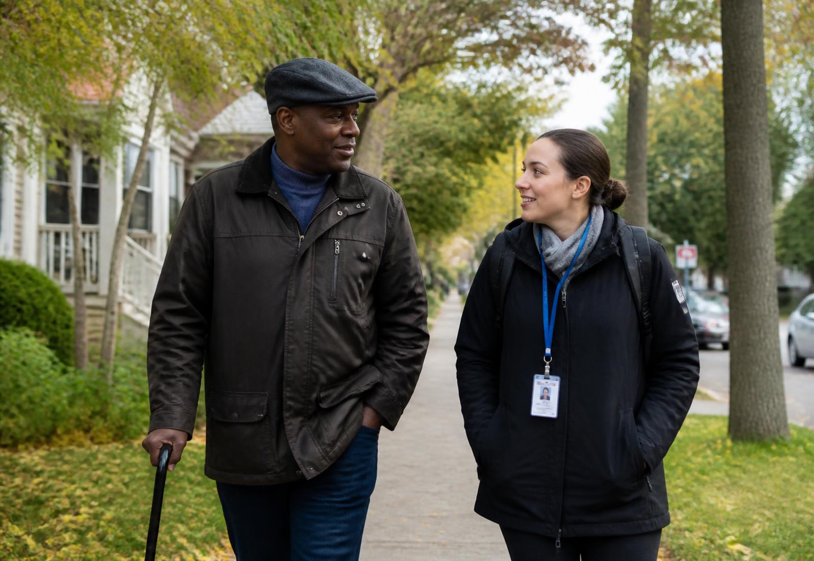 An adult and a support professional in conversation while walking outdoors