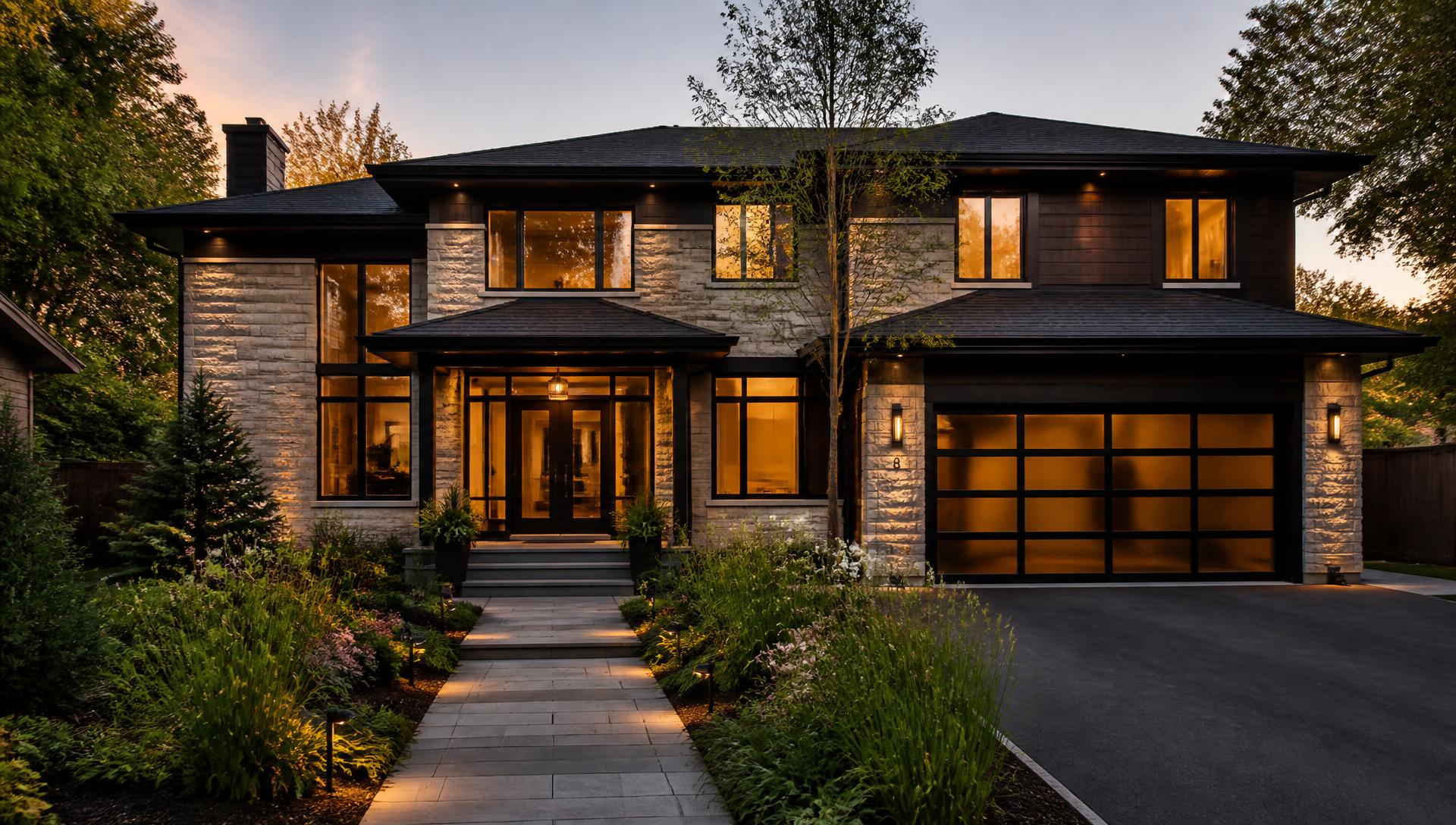 A warmly lit modern family home at dusk with a landscaped front path