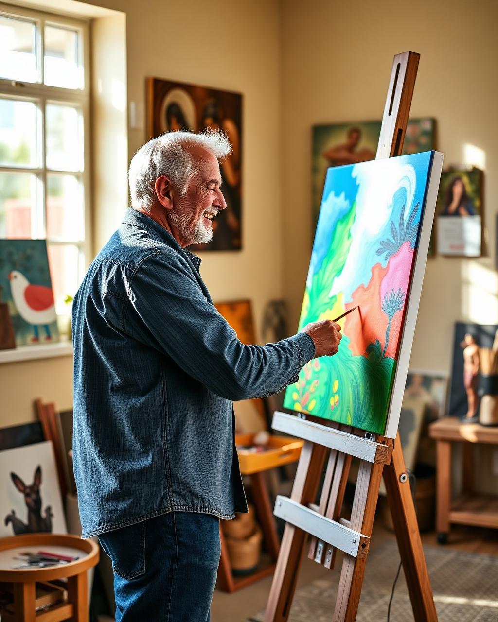 A resident painting at an easel in a sunlit art space