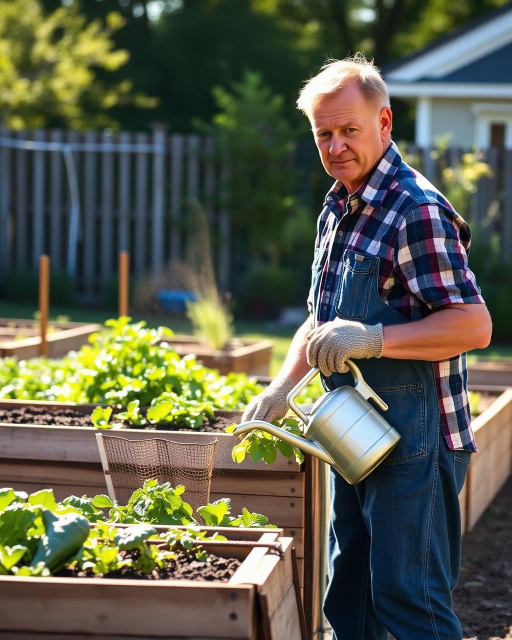 A resident watering vegetables in a backyard garden
