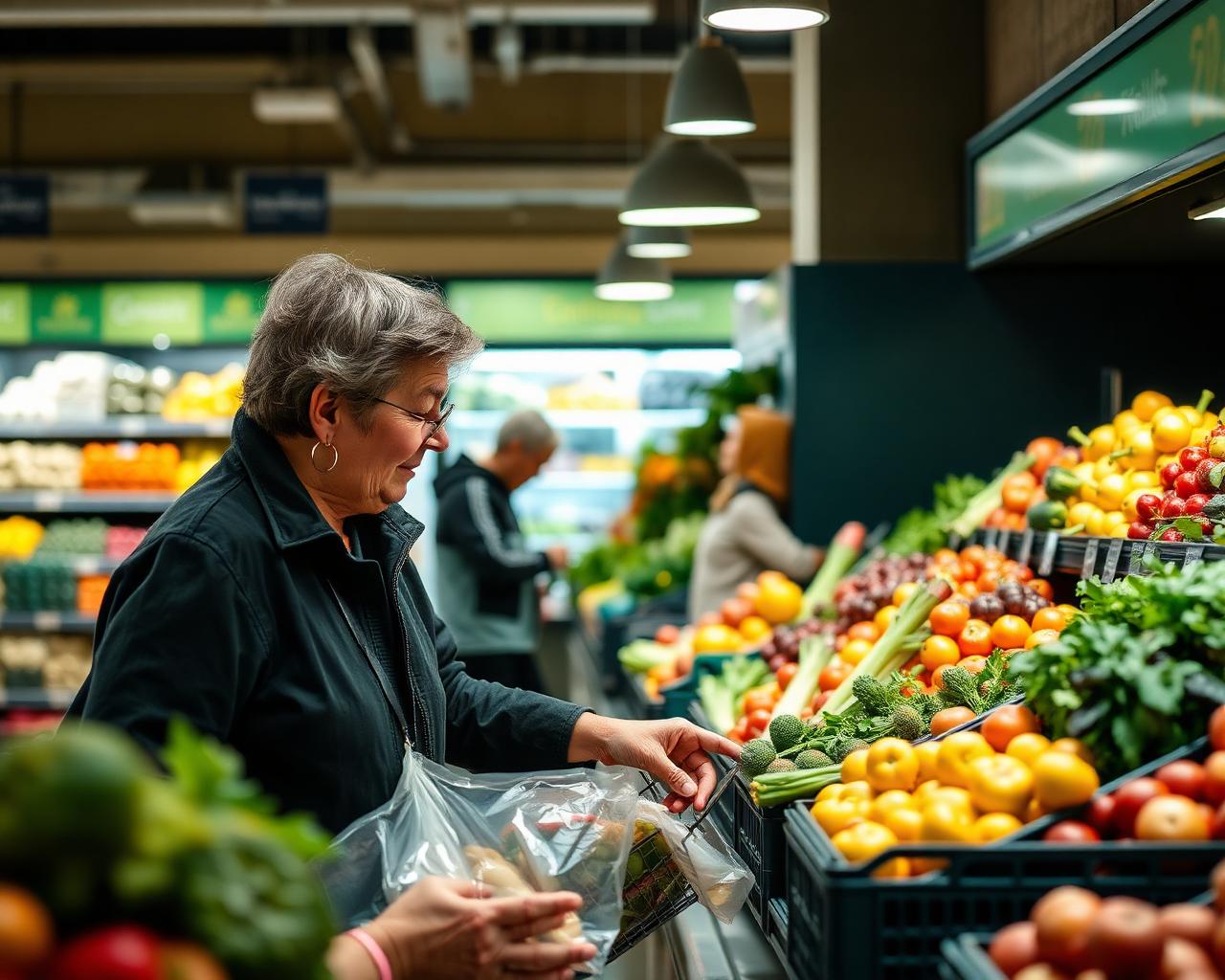 A resident selecting fresh produce during a grocery trip