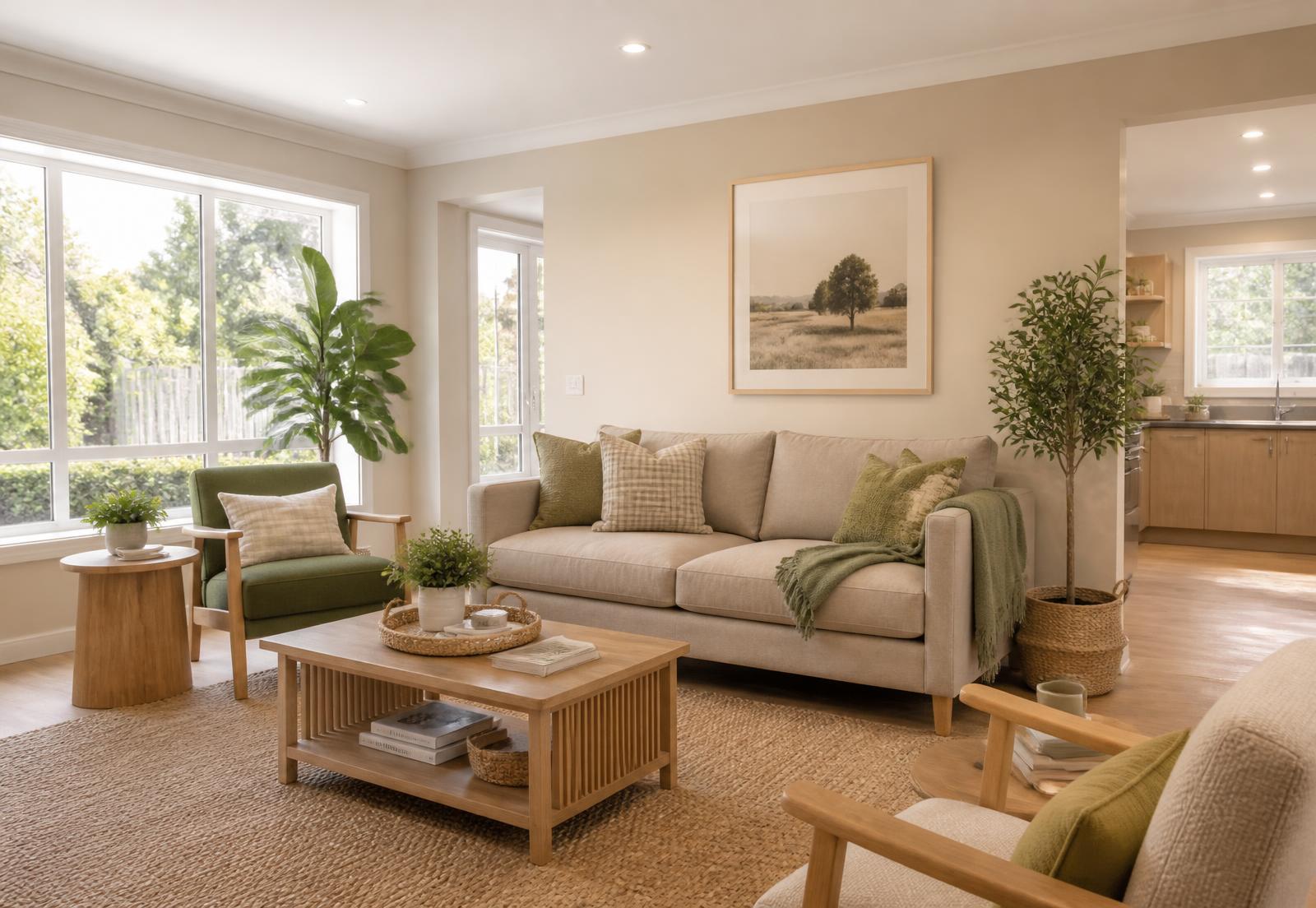 A warm, modern living room in a GoodHeart supported-living home with natural light and plants